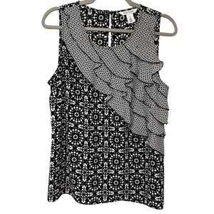 White House Black Market Black White Geometric Ruffle Sleeveless‎ Top Size 12